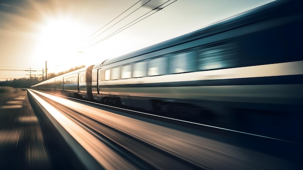 Er rijdt een trein voorbij met daarachter de ondergaande zon.