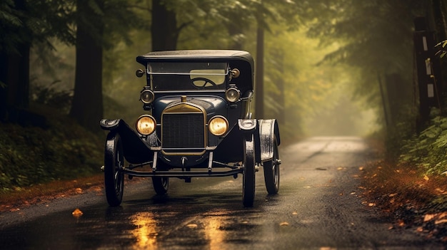 Er rijdt een vintage auto over een weg in het bos.