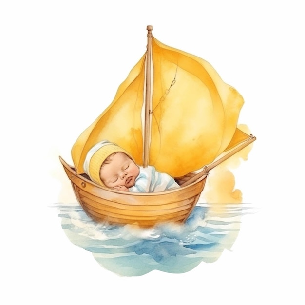 Er slaapt een baby in een boot met een geel zeil generatieve ai
