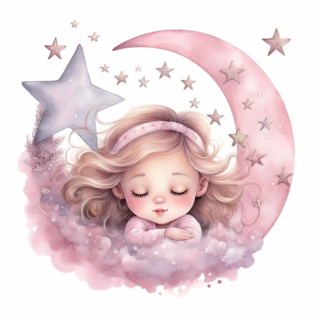 Er slaapt een meisje op een wolk met een ster boven haar generatieve ai.