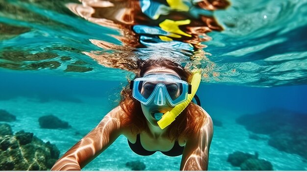 Er snurkt een vrouw in het water met een masker op generatieve ai