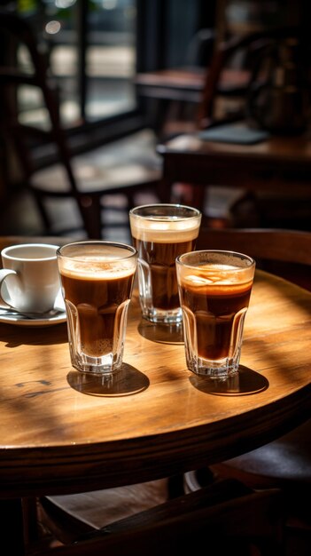 Foto er staan drie glazen koffie op een tafel