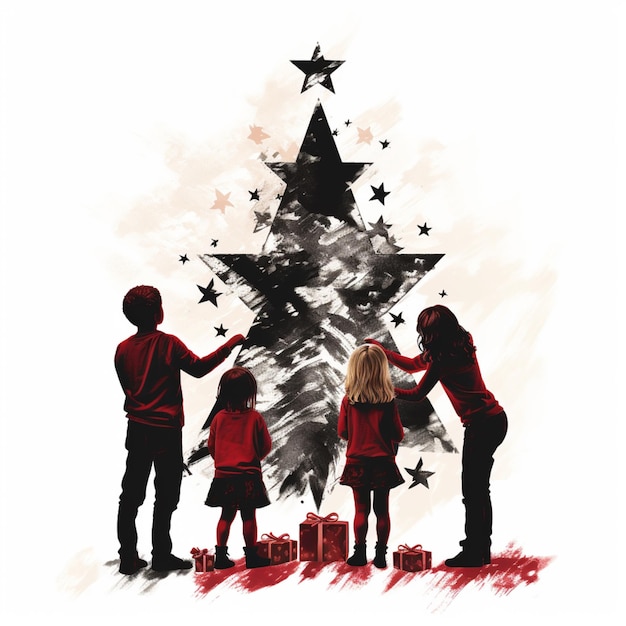 Foto er staan drie kinderen voor een kerstboom.