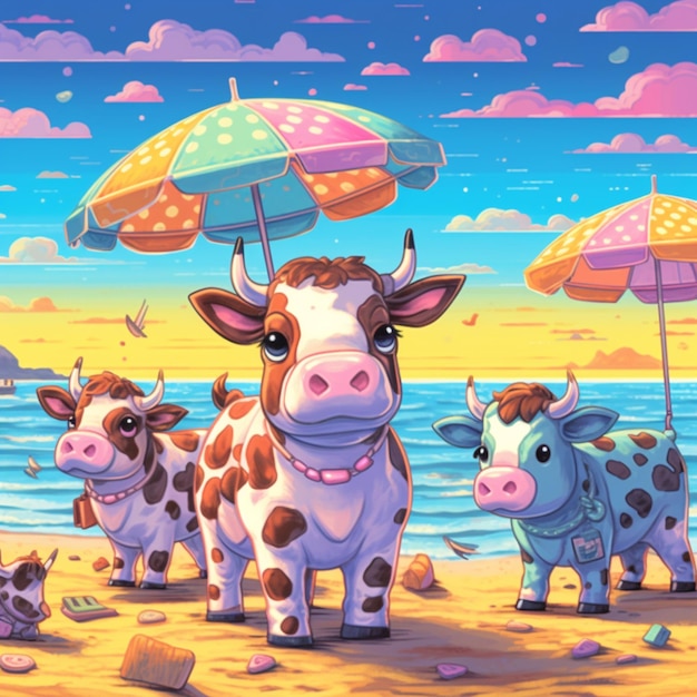 er staan drie koeien op het strand onder een parasol generatieve ai
