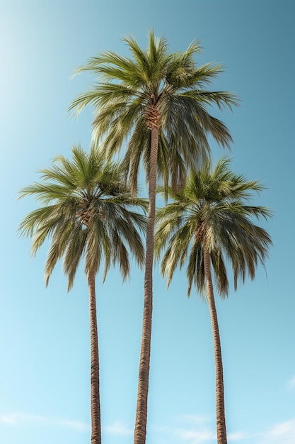 Er staan drie palmbomen in het zand.