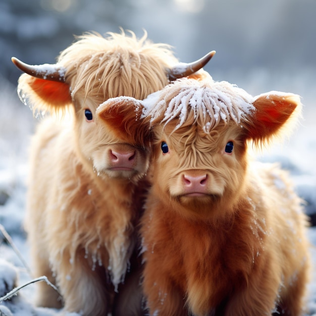 er staan twee bruine koeien samen generatief ai in de sneeuw