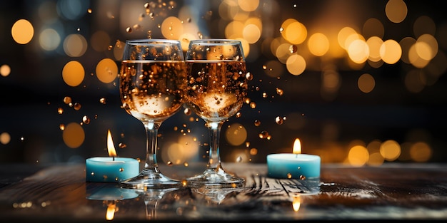 er staan twee glazen wijn en twee kaarsen op een tafel Generatieve AI