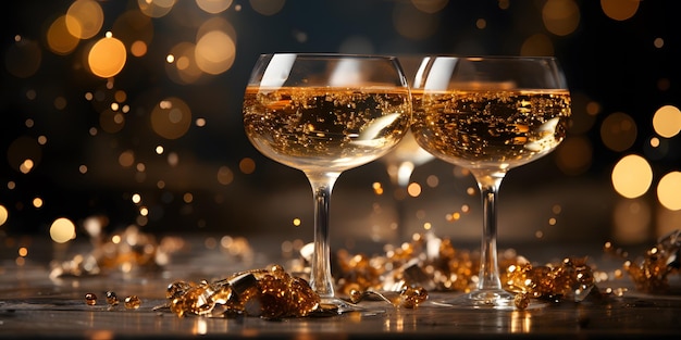 er staan twee glazen wijn op een tafel met gouden versieringen Generatieve AI