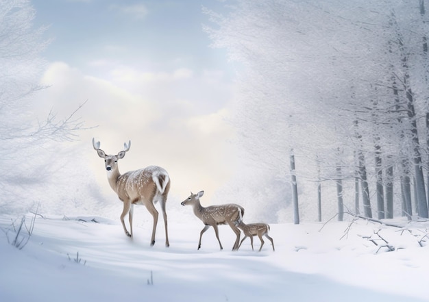 Er staan twee herten in de sneeuw bij een generatieve ai in het bos