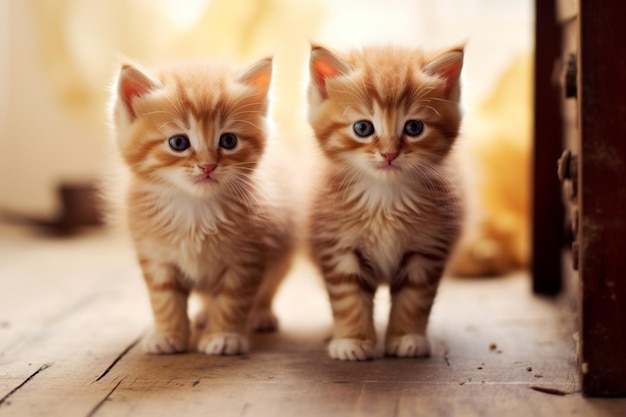 Er staan twee kleine kittens op een houten vloer generatieve ai