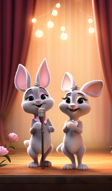 er staan twee konijnen op een podium met een microfoon generatieve ai