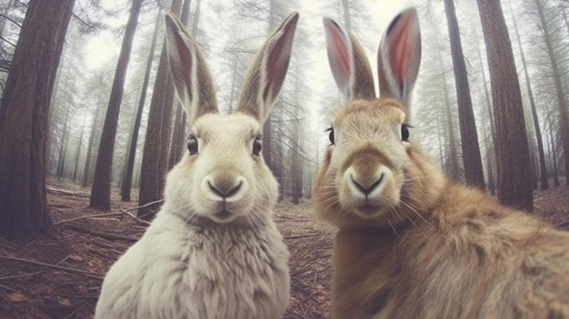 Er staan twee konijnen samen in het bos.