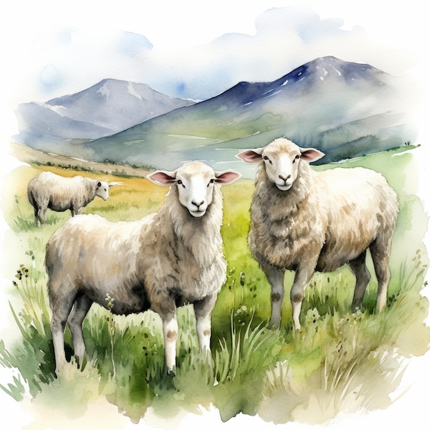 Er staan twee schapen in een veld met bergen op de achtergrond.