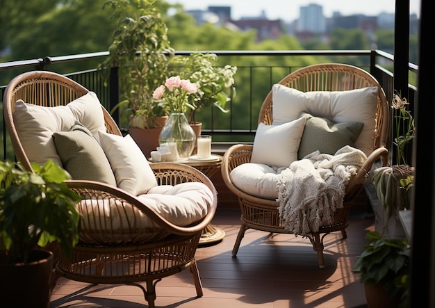 er staan twee stoelen op een balkon met een tafel en een vaas generatieve ai