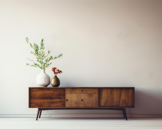 Foto er staan twee vazen op een houten kast met bloemen erin generatieve ai