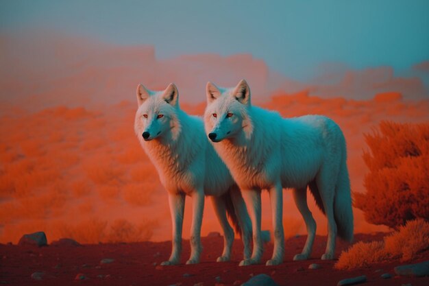 er staan twee witte wolven in de woestijn met een rode lucht generatieve ai