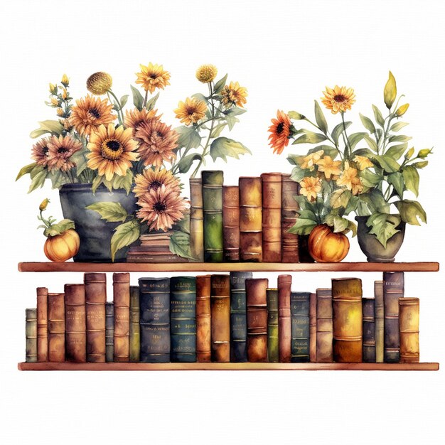 er staan veel boeken op een plank met bloemen en pompoenen generatieve ai