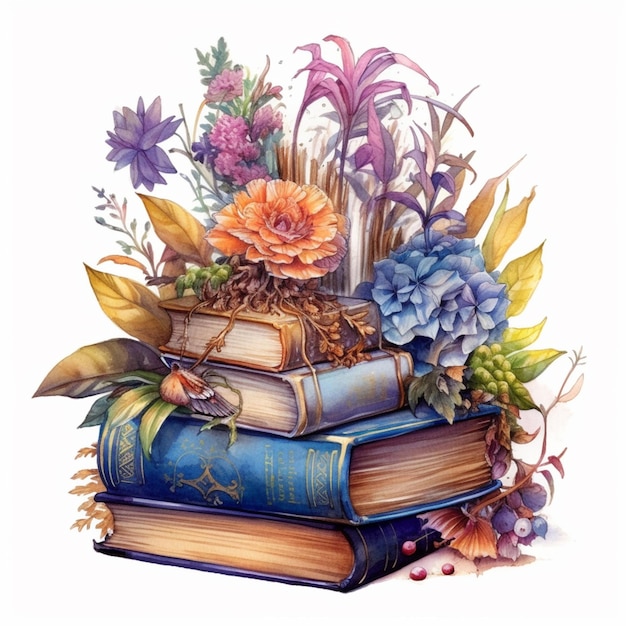 Er staan veel boeken op elkaar gestapeld met bloemen.
