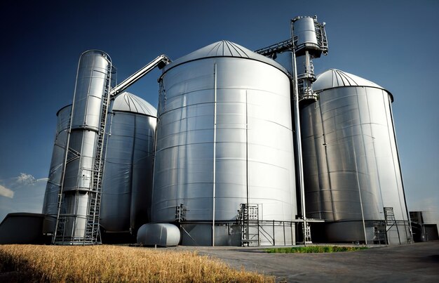 Er staan veel grote metalen tanks in een veld.