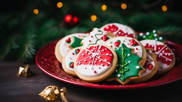 Er staan veel koekjes op een rood bord met decoraties erop.