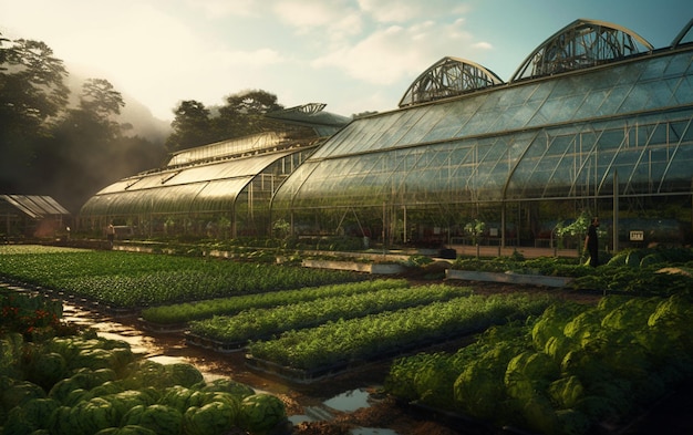 Er staan veel planten in de kassen in de zon generatieve ai