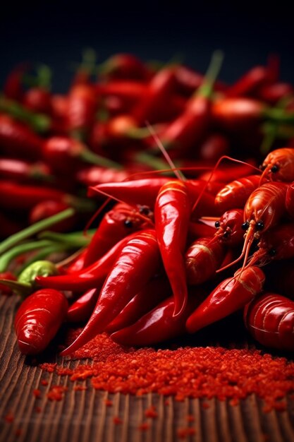 Er staan veel rode pepers en andere rode paprika's op een generatieve ai tafel
