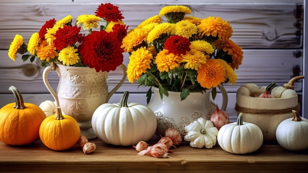 Er staan veel verschillende soorten bloemen in vazen op tafel generatieve ai