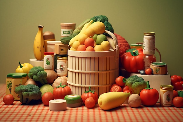 Foto er staan veel verschillende soorten groenten en fruit op tafel generatieve ai