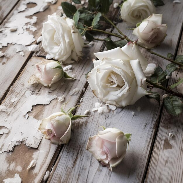 Foto er staan witte rozen op een houten tafel met schilferende verf.