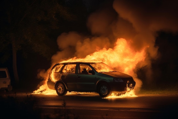 Er staat een auto in brand in de nacht met het woord brand op de zijkant.