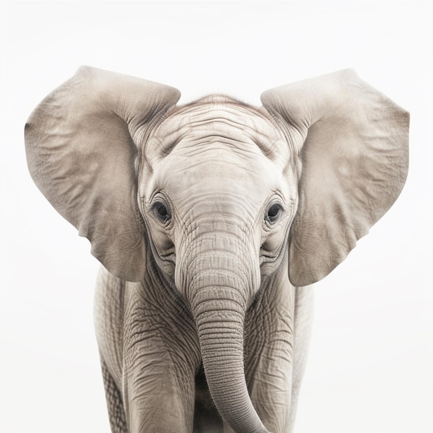 Foto er staat een babyolifant voor een witte achtergrond ai generatief
