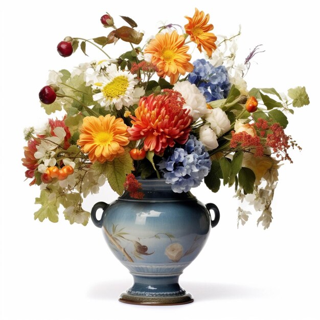 Foto er staat een blauwe vaas met daarin een bos bloemen generatieve ai