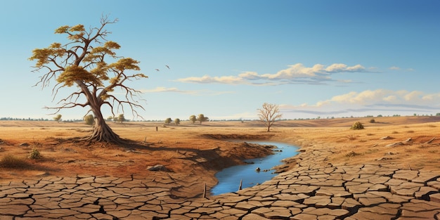 Er staat een boom midden in een droog veld generatieve ai