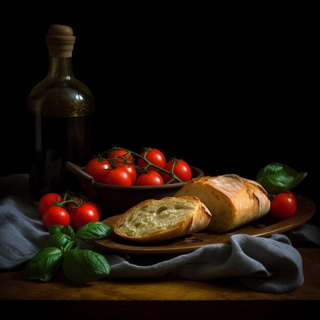 Er staat een bord brood en tomaten op een tafel.