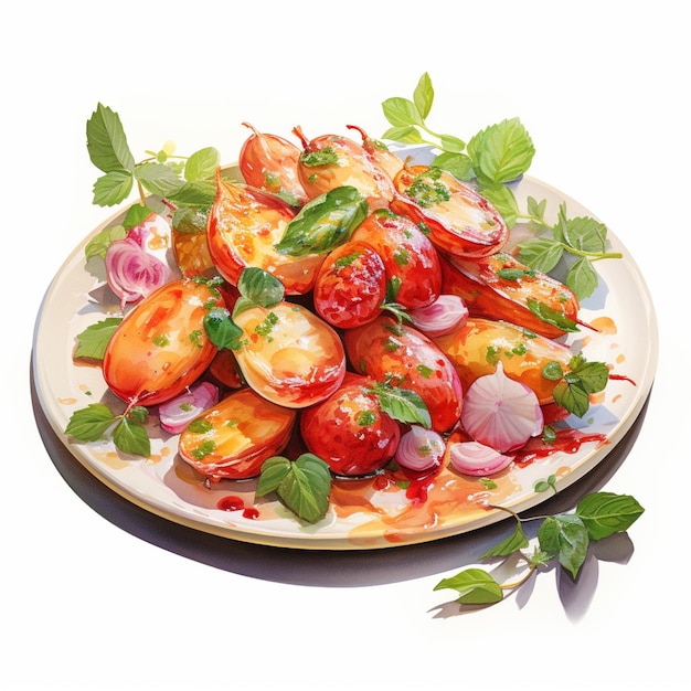 er staat een bord eten met tomaten en uien erop generatieve ai