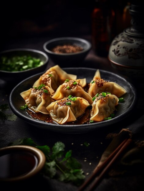 er staat een bord met dumplings met saus en eetstokjes aan de zijkant generatieve ai