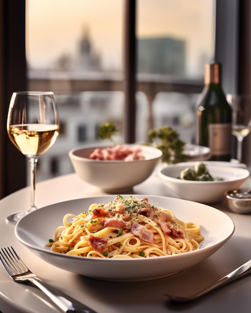 Er staat een bord pasta en een glas wijn op een tafel.