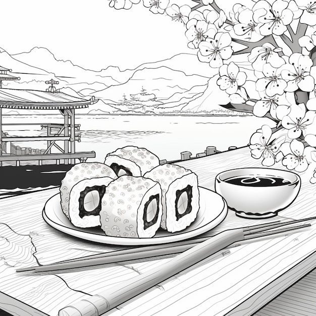 Foto er staat een bord sushi en eetstokjes op een tafel.