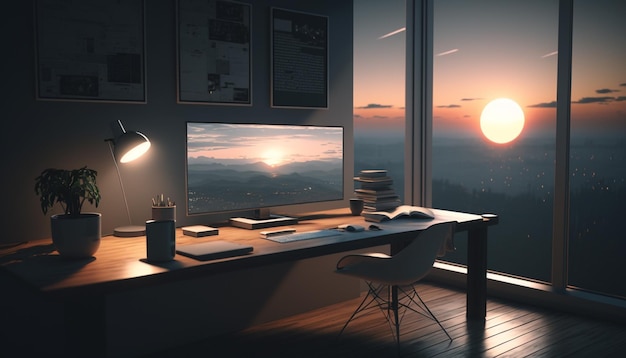 er staat een bureau met een computer en een lamp erop generatieve ai