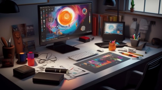 Er staat een computermonitor op een bureau met een toetsenbord en muis generatieve ai