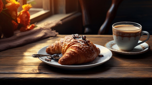 Foto er staat een croissant en een kop koffie op een tafel.