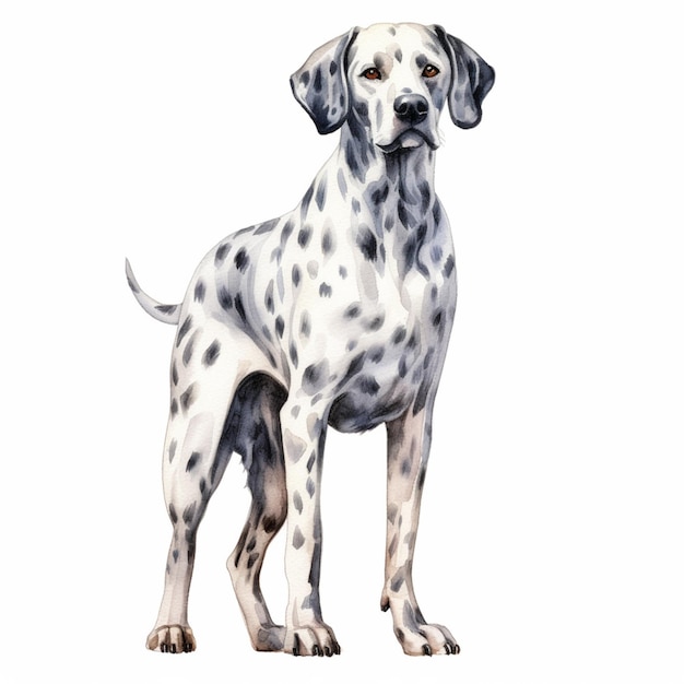 Er staat een Dalmatische hond voor een witte achtergrond.