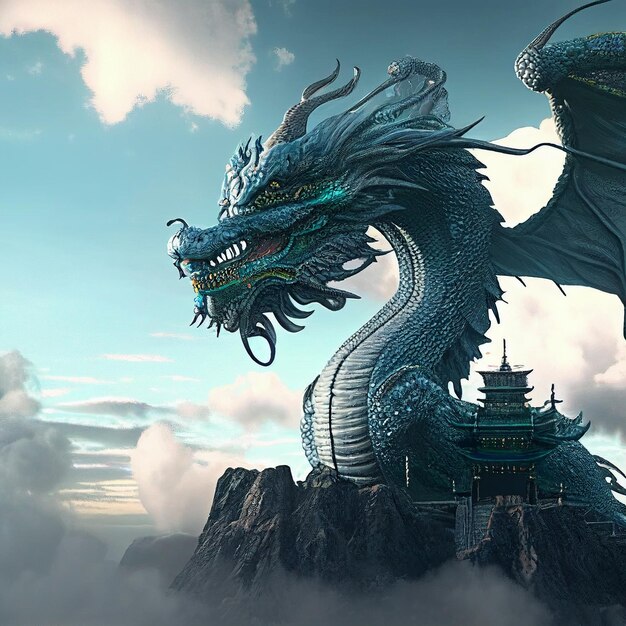 Er staat een drakenstandbeeld op een berg met een kasteel op de achtergrond generatieve ai