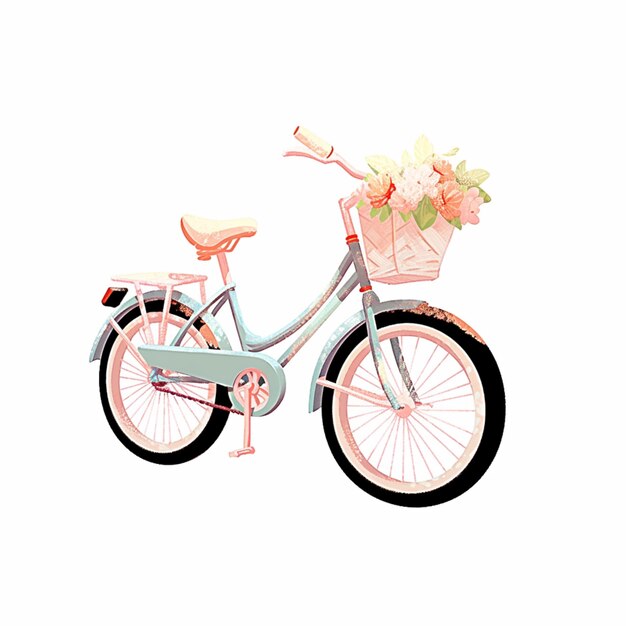 Foto er staat een fiets met voorop een mandje met bloemen generatieve ai