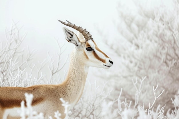 Er staat een gazelle in de sneeuw met veel vorst erop.