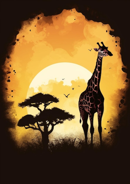 Foto er staat een giraf in het gras met een boom op de achtergrond.