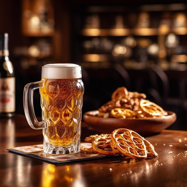 Er staat een glas bier en wat pretzels op een generatieve ai tafel