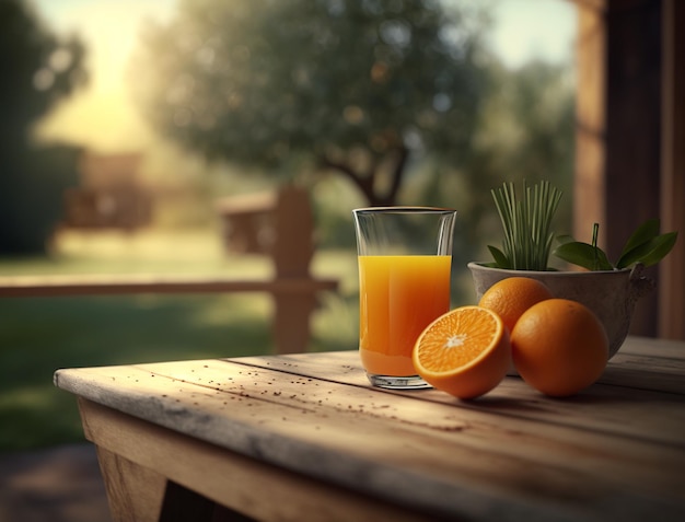Er staat een glas jus d'orange en twee sinaasappels op een tafel generatieve ai