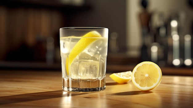 Er staat een glas water met een schijfje citroen op tafel generatieve ai