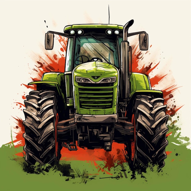 Er staat een groene tractor met grote banden op een veld generatieve ai